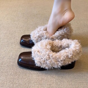 复古风百搭粗跟毛毛鞋 方头拼接羊羔毛单鞋 6cm小众时尚 nnmiss3.5