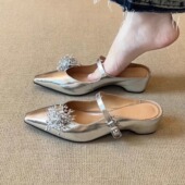 nnmiss 5cm优雅轻奢尖头设计感花朵一字带包头外穿坡跟拖鞋