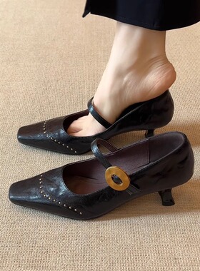 nnmiss34-39/5cm小众方头铆钉浅口一字带复古细跟通勤玛丽珍单鞋