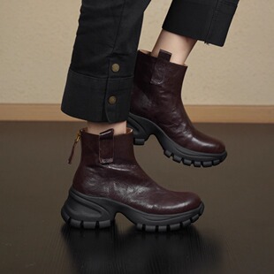 nnmiss 羊皮舒适运动厚底短靴 7cm通勤百搭圆头后拉链小个子新款