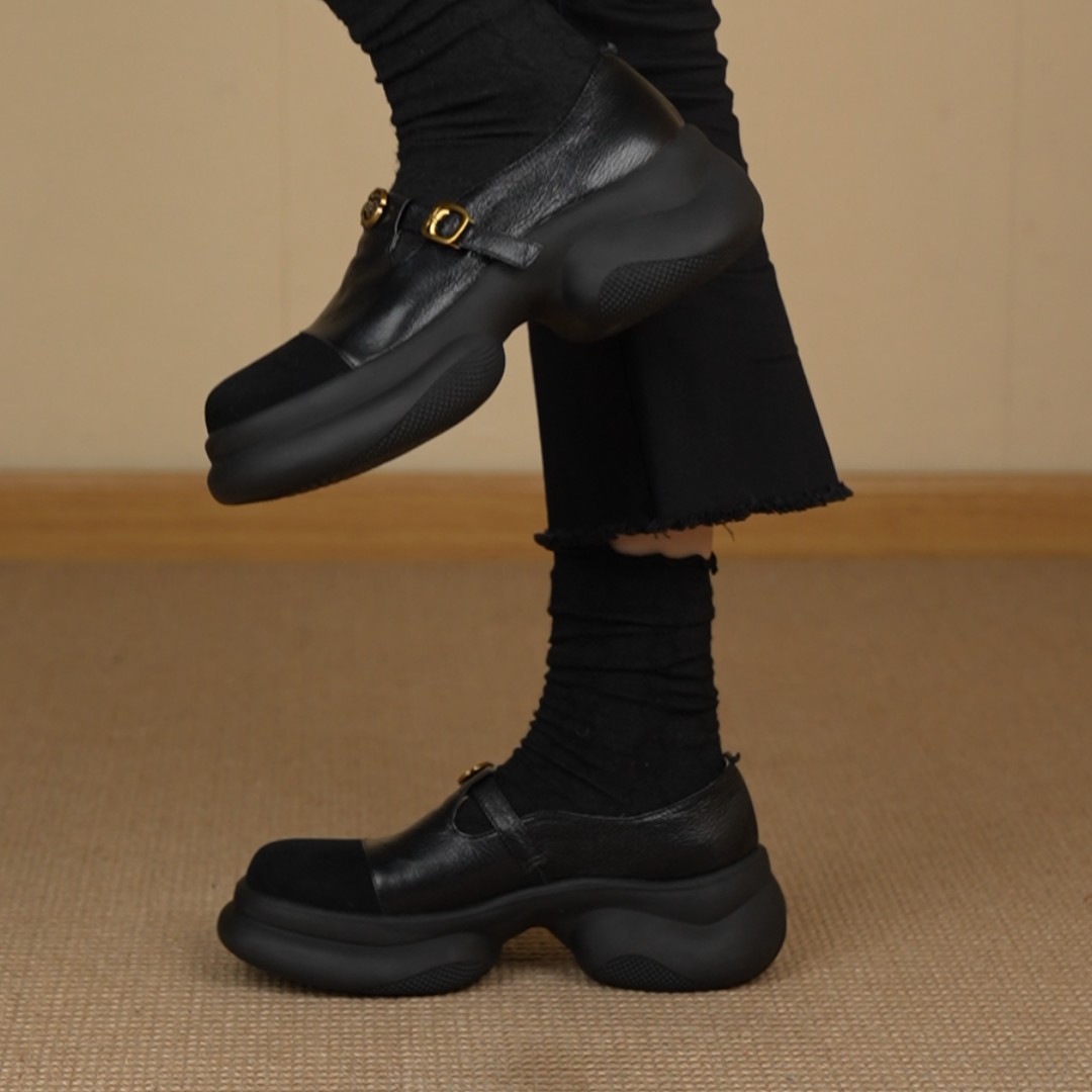 NNMISS山茶花丁字扣厚底乐福单鞋复古拼色通勤款273元