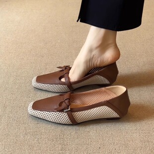 头气质软底低跟浅口单鞋 nnmiss 2cm复古百搭方头拼色镂空鞋