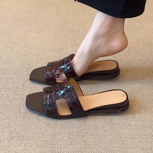 nnmiss/3cm时尚简约牛皮鳄鱼纹H型方头凉鞋百搭懒人外穿露趾拖鞋