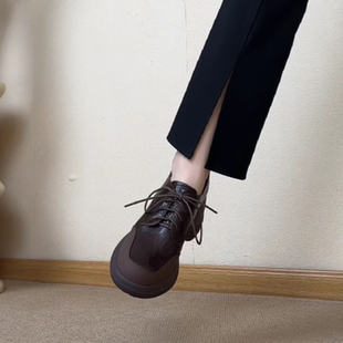 nnmiss·34-39/6.5cm复古拼色圆头厚底鞋休闲百搭系带舒适小皮鞋