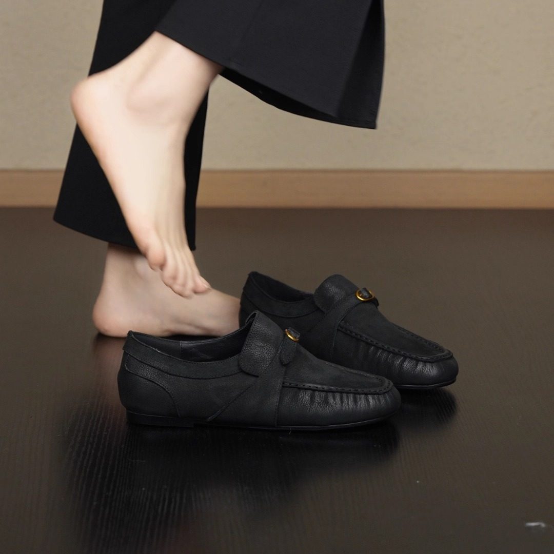 nnmiss/1cm英伦老钱风褶皱圆头乐福鞋休闲日常通勤深口平底单鞋