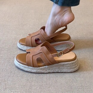 nnmiss 4.5cm草编坡跟简约复古圆头后绊带舒适厚底露趾凉鞋