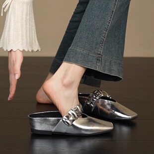 小众方头V口金属一字带坡跟外穿包头凉拖鞋 5cm法式 nnmiss·34