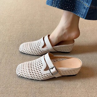 皮带扣透气包头外穿拖鞋 5.5cm度假风编织坡跟穆勒鞋 nnmiss34