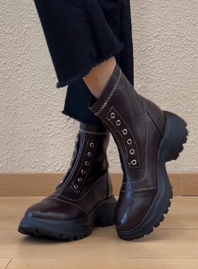 设计感后拉链短靴厚底马丁靴