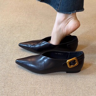 nnmiss/1cm气质尖头V口设计感皮带扣时尚复古平底浅口小单鞋