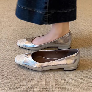 百搭浅口一脚蹬粗跟优雅通勤单鞋 拼接鱼纹方头法式 2cm时尚 nnmiss