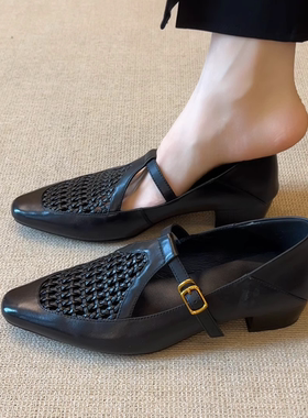 nnmiss·34-39/4.5cm复古方头编织镂空浅口丁字扣带粗跟通勤单鞋