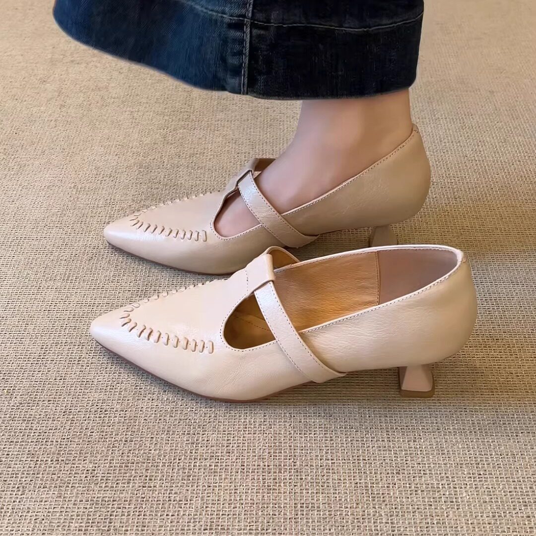 nnmiss/5cm气质通勤浅口T型带高跟鞋简约百搭尖头羊皮粗跟单鞋