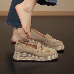 复古风小众金属扣圆头草编一脚蹬厚底单鞋 nnmiss 5cm法式