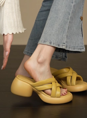 nnmiss34-40/7cm休闲编织交叉带高跟凉鞋百搭外穿露趾舒适凉拖鞋