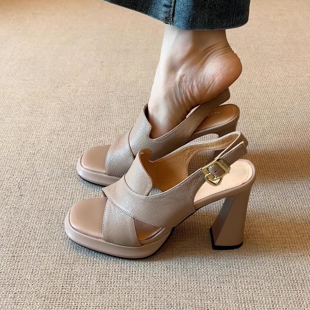 nnmiss/10CM超高跟春夏新款法式羊皮时尚优雅防水台露趾鱼嘴凉鞋