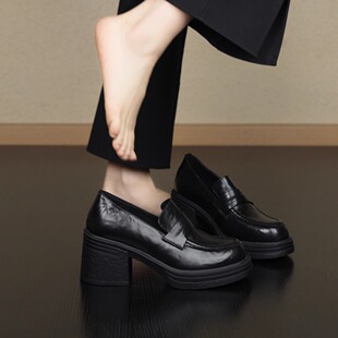 通勤厚底增高一脚蹬深口单鞋 圆头百搭乐福鞋 7cm简约经典 nnmiss