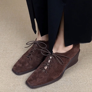 复古翻羊皮深口坡跟单鞋 5.5cm小众方头系带高跟鞋 nnmiss·34