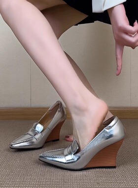 nnmiss34-40/8cm小个子气质坡跟鞋法式方头浅口高跟百搭时尚单鞋