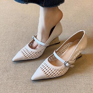 编织浅口一字带通勤单鞋 法式 7cm气质尖头坡跟透气高跟鞋 nnmiss