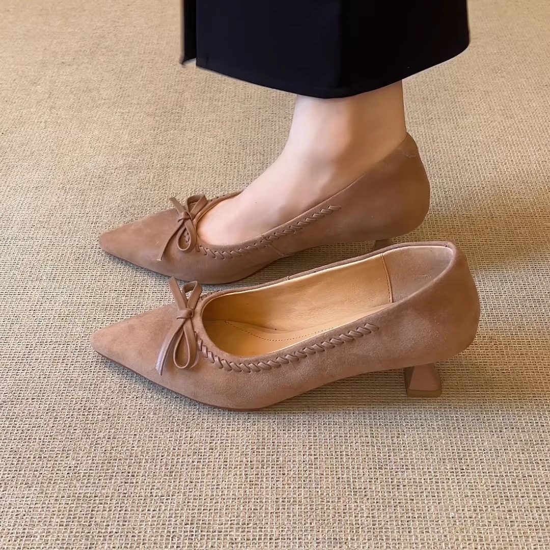 nnmiss/5cm法式浅口精致蝴蝶结高跟鞋优雅通勤一脚蹬粗跟尖头单鞋