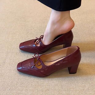 5.5cm小众方头浅口蝴蝶结一字带粗跟百搭通勤单鞋 nnmiss·34
