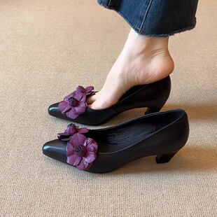百搭外穿浅口单鞋 花朵尖头低跟气质真皮女鞋 5cm新款 nnmiss