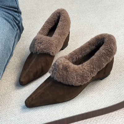 NNMISS·34-39/4cm内增高尖头加绒毛毛鞋复古毛领口坡跟保暖单鞋