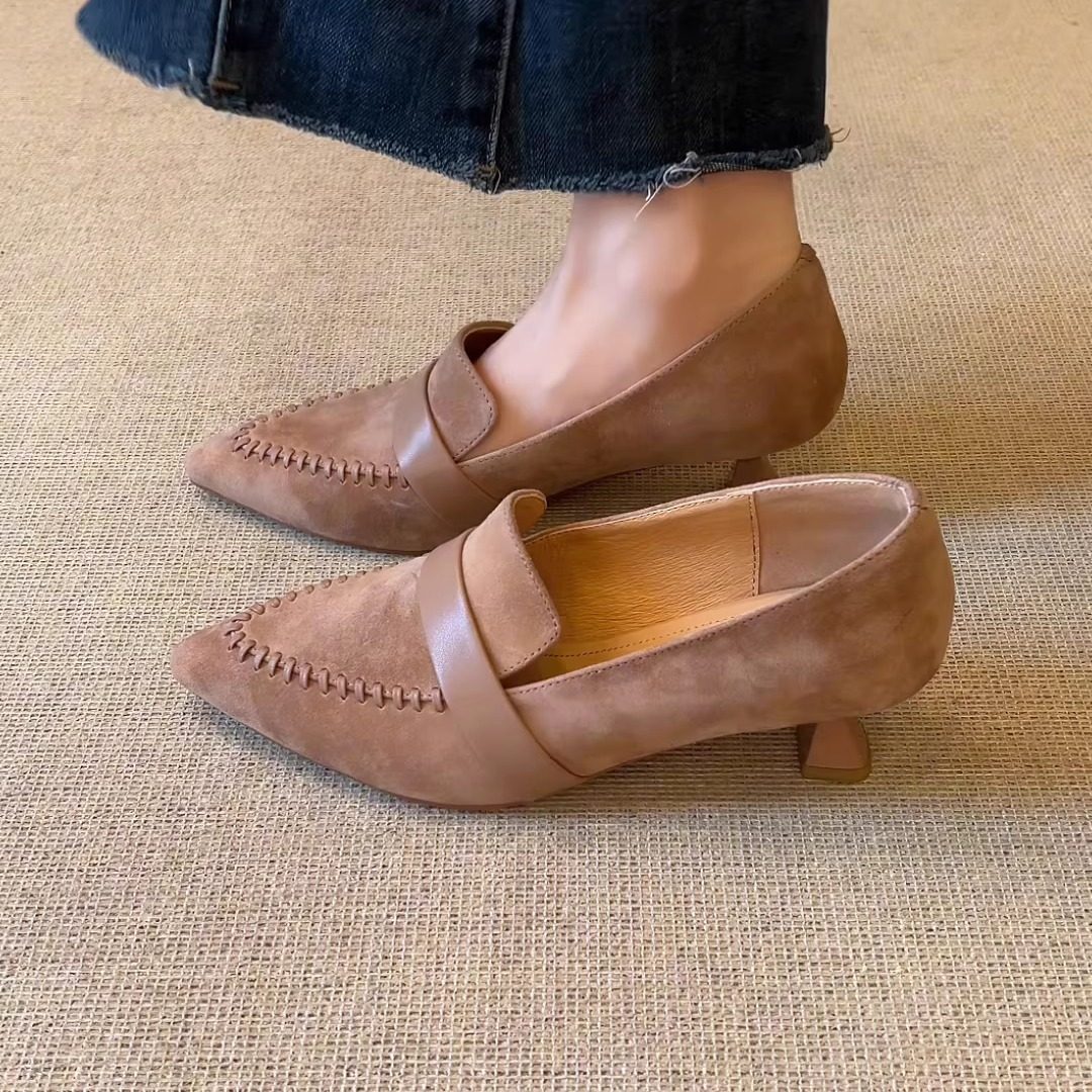 nnmiss/5cm气质复古绒面以一脚蹬高跟鞋简约通勤深口尖头粗跟单鞋