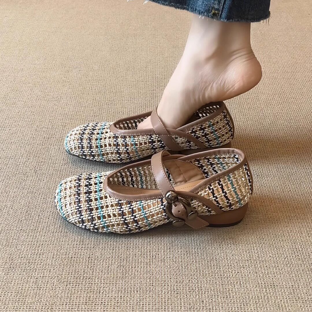 nnmiss/3cm复古波西米亚风彩色编织镂空透气方头一字扣带浅口单鞋