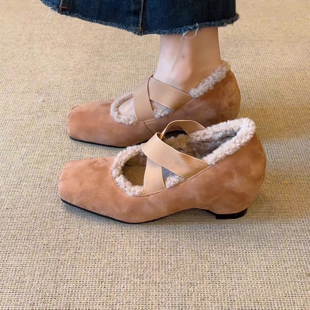 内增高芭蕾风方头保毛毛单鞋