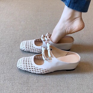 nnmiss/6cm甜美法式蝴蝶结包头内增高凉鞋百搭编织镂空外穿凉拖鞋