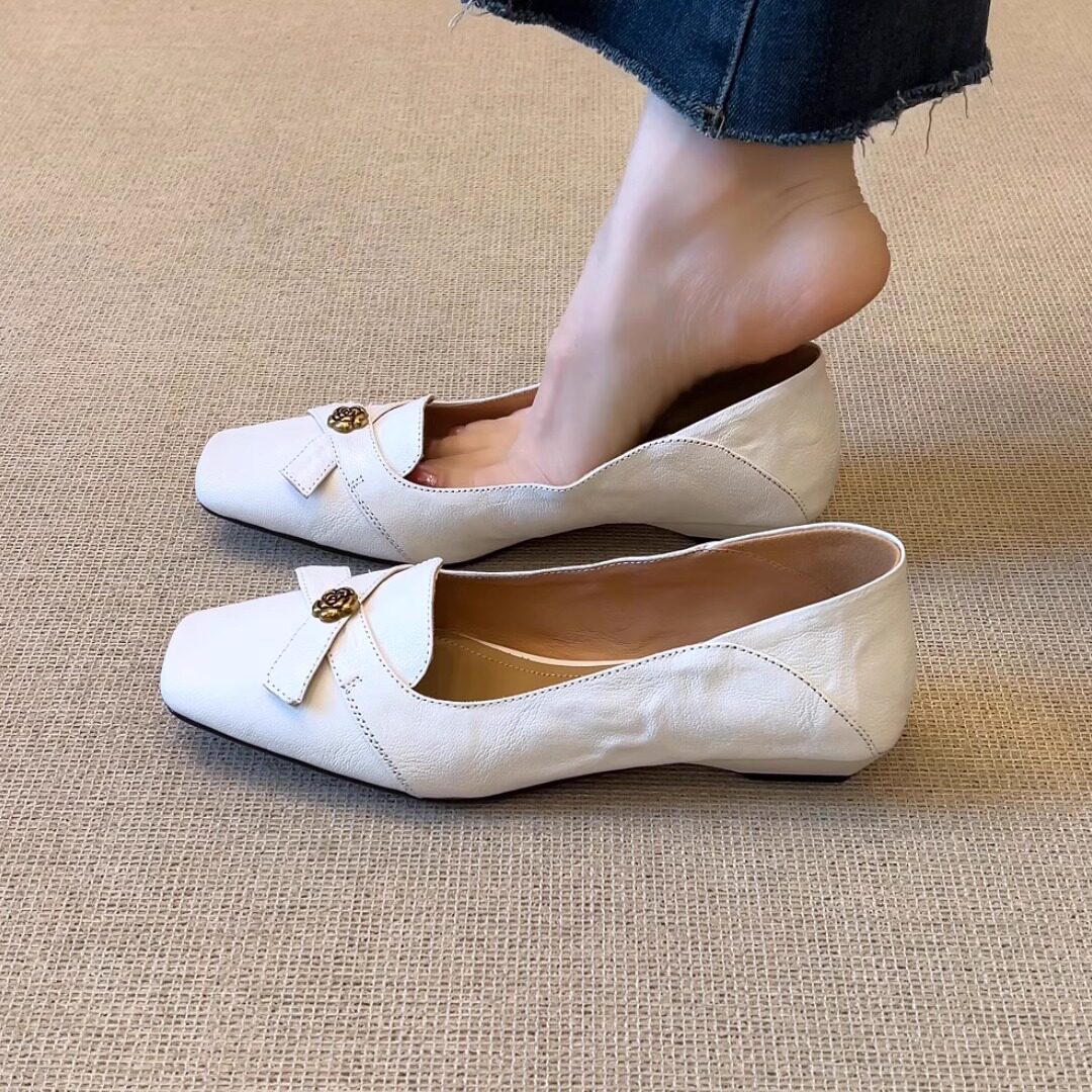 nnmiss/2cm简约法式方头浅口优雅山茶花蝴蝶结坡跟百搭通勤单鞋