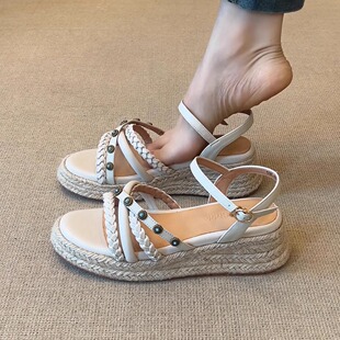 nnmiss/5cm绝美复古风编织细带草编坡跟鞋时尚设计感露趾厚底凉鞋