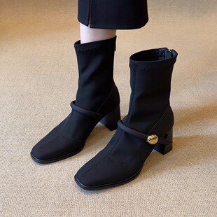 nnmiss 7cm气质方头弹力瘦瘦靴百搭复古后拉链金属搭扣短靴