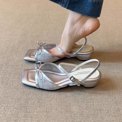 优雅方头蝴蝶结拼接网纱露趾凉鞋