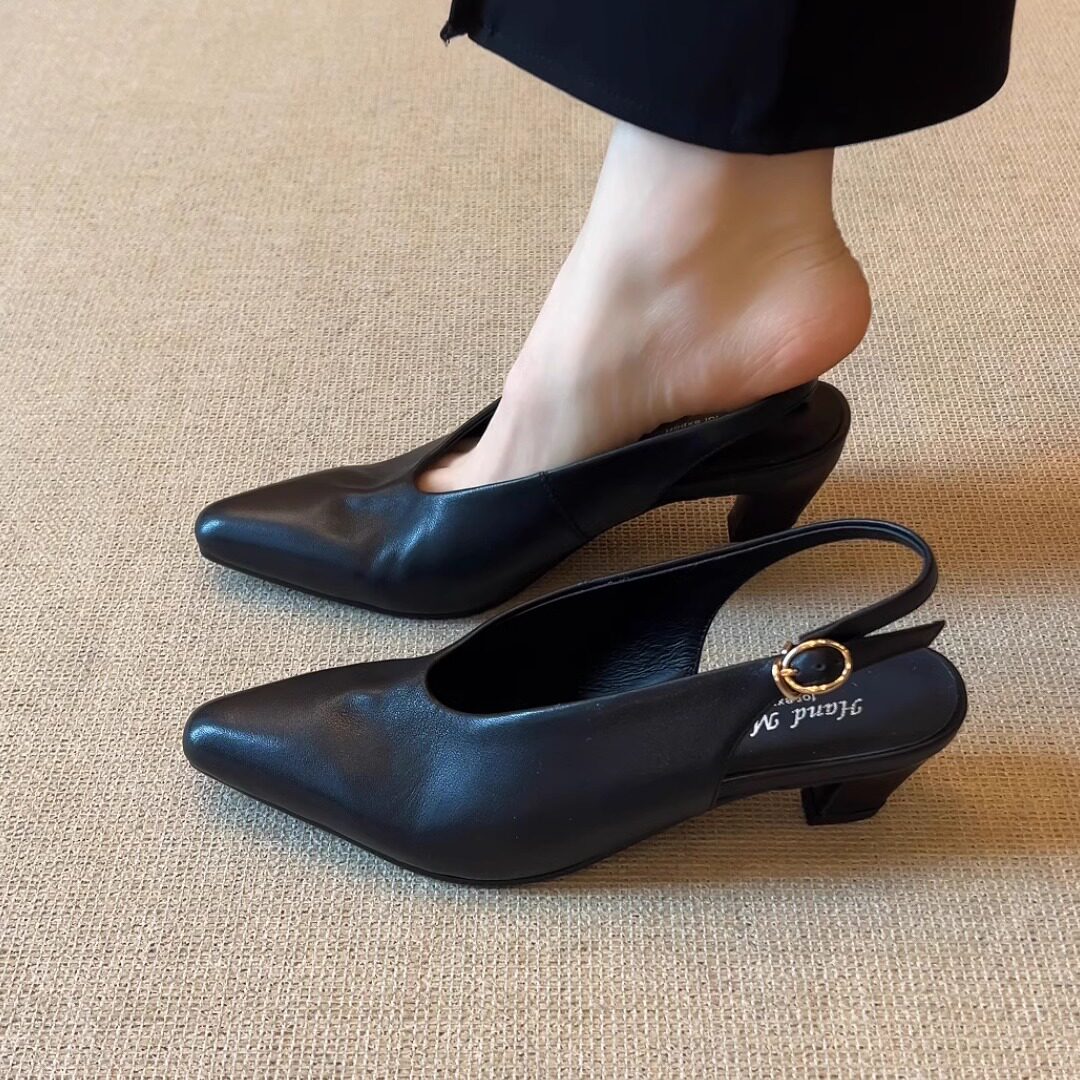 nnmiss·34-39/5cm简约法式尖头高跟鞋百搭山茶花包头后绊带凉鞋