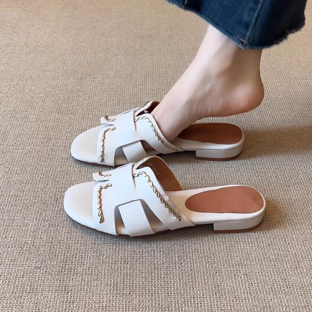 nnmiss/2cm小众法式高级感编织平底简约百搭外穿露趾一字拖鞋