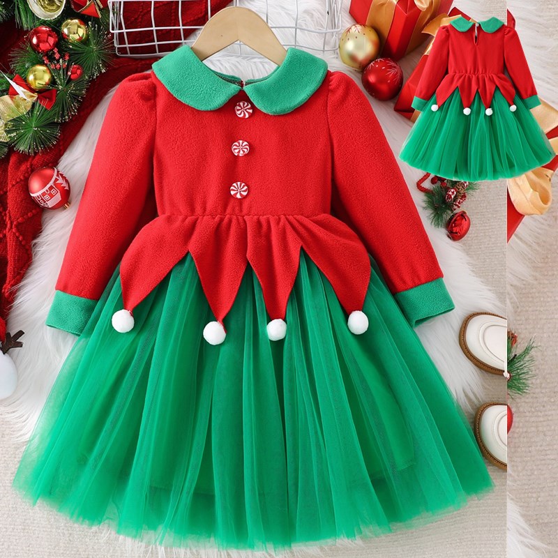 圣诞树翻领圣诞老人儿童服装
