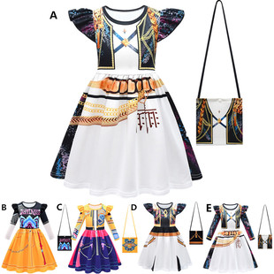 猎魔女团cosplay女童飞飞袖裙儿童连衣裙童A字裙印花裙包包角色服