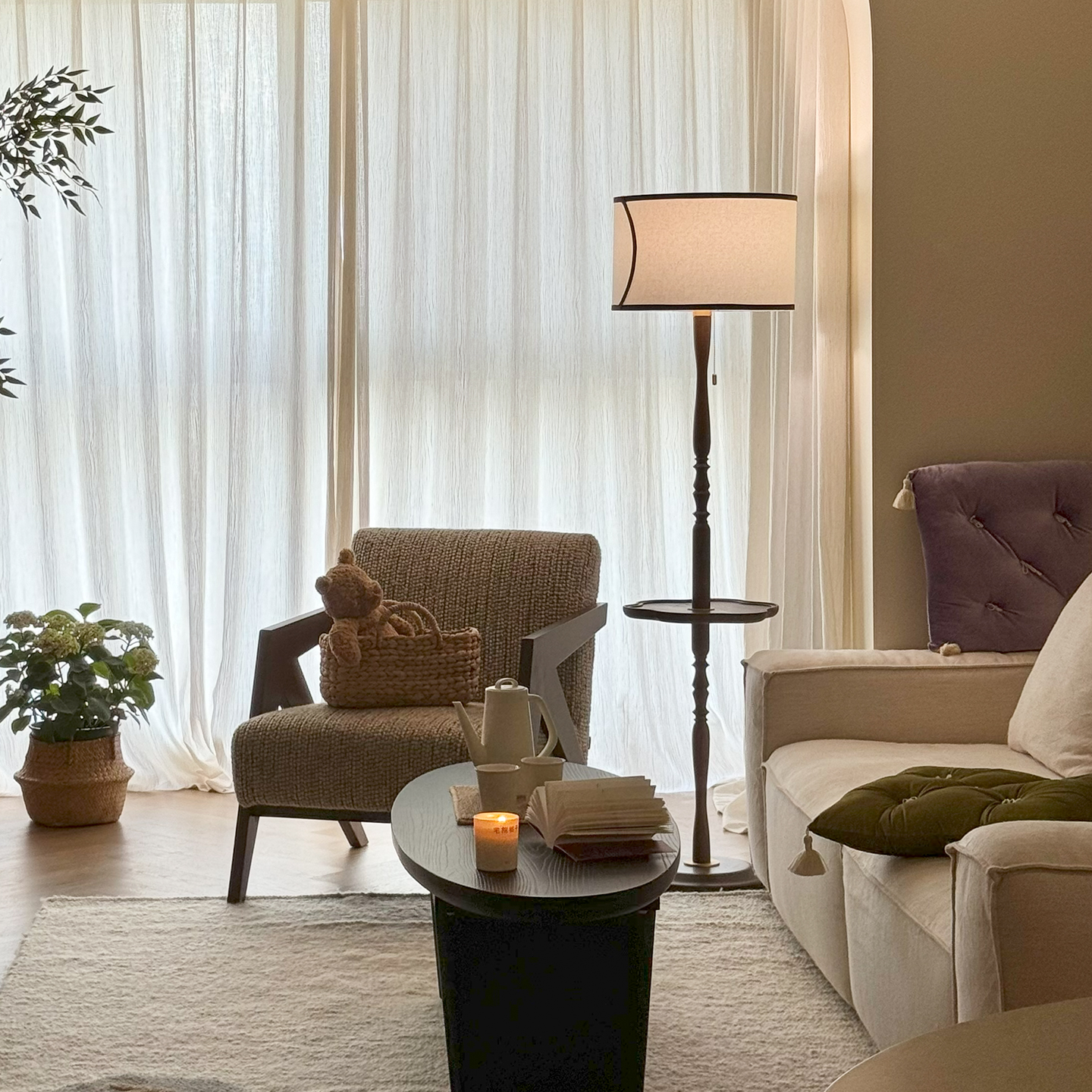 旭呈中古风带茶几置物架落地灯