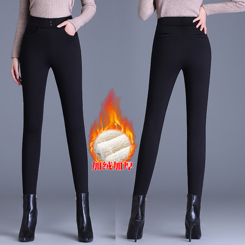 梦舒雅加绒加厚打底裤女冬季新款高腰显瘦黑色弹力外穿小脚铅笔裤