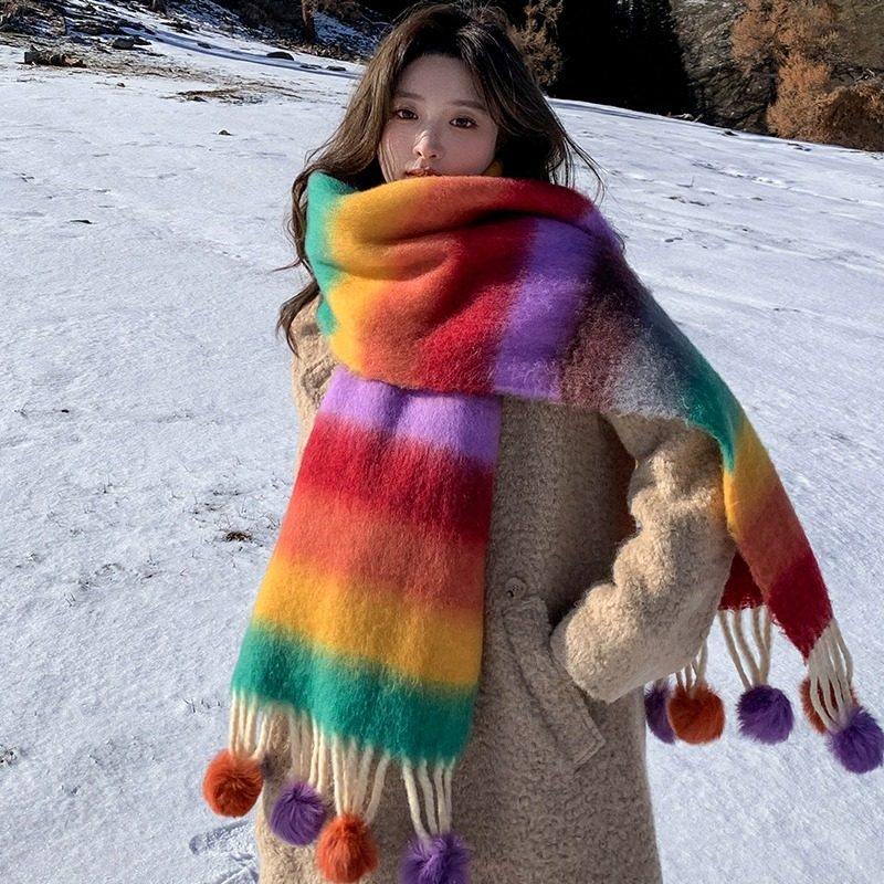 法国HANFUNY羊毛围巾女秋冬彩虹条纹毛球流苏保暖披肩氛围感围脖