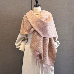 法国HANFUNY羊绒围巾女秋冬季百搭经典老花双面围脖高档披肩两用