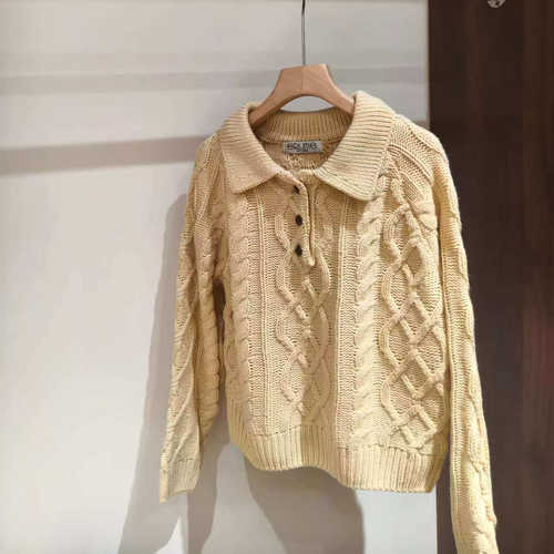 复古polo翻领麻花针织衫女半纽扣宽松百搭毛衣