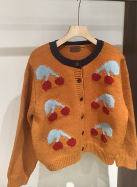 樱桃提花针织开衫女撞色领口毛衣外套韩版复古多巴胺风