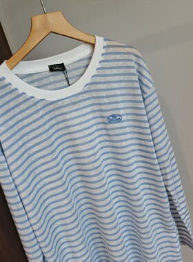 韩式休闲风蓝白条纹长袖T恤女圆领百搭显瘦慵懒风上衣