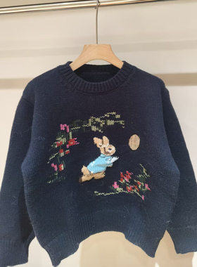 卡通可爱风圆领针织衫女深蓝色兔子刺绣套头毛衣减龄