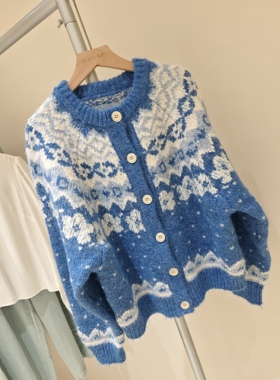 Unique design宝蓝色毛衣外套女2025冬季新款法式慵懒风针织开衫