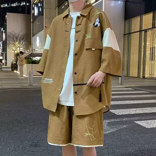 新中式冰丝衬衫男款夏季新款潮流中国风宽松休闲薄款短袖短裤套装